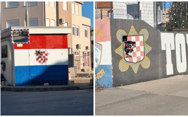 Prešarani grbovi s prvim bijelim poljem na više grafita na Plovaniji