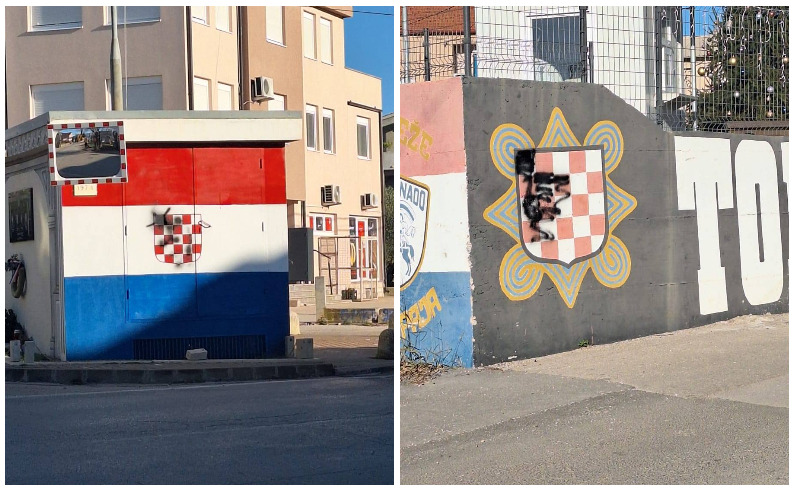 Prešarani grbovi s prvim bijelim poljem na više grafita na Plovaniji